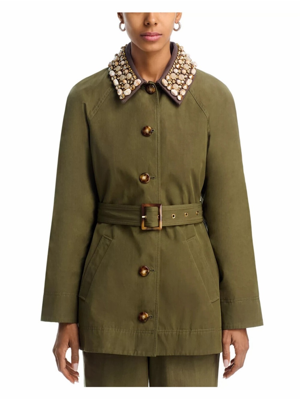 NWOT Veronica Beard Langham Belted Dickey Coat in Army Embellished Collar Medium